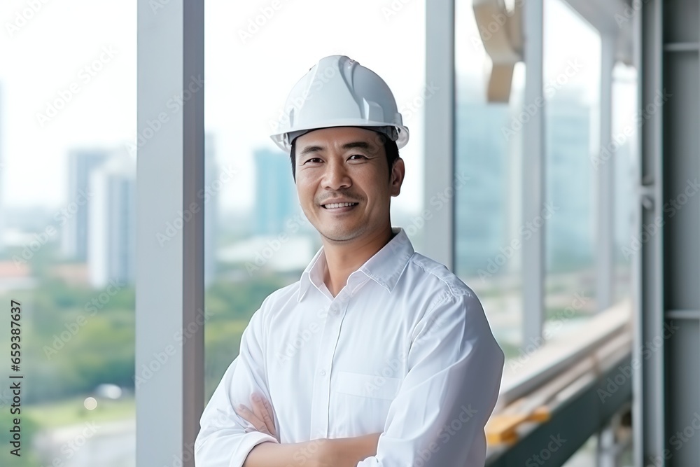 Poster an engineer looking forward in a protective helmet