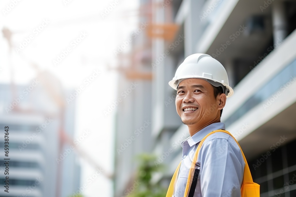 Poster an engineer looking forward in a protective helmet