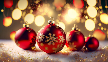 Christmas ornaments. Red and Gold Christmas balls and lights Christmas tree on defocused lights 