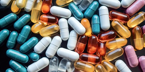 Background of various pharmaceutical capsules and medicines of different colors - obrazy, fototapety, plakaty