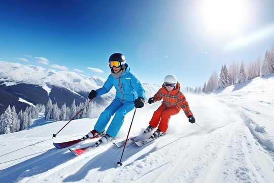 Skiing, winter, ski lesson - skiers on mountainside