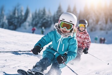 Skiing, winter, ski lesson - skiers on mountainside - obrazy, fototapety, plakaty
