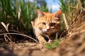 Naklejka na ściany i meble Red cat in the grass