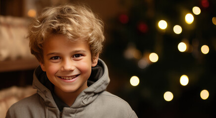 Portrait of a happy cute boy on the Christmas bokeh background. The concept of winter holidays, gifts for children. Banner