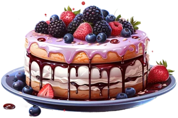 Fotobehang Illustration of delicious cake with raspberries and blackberries sprinkled with chocolate icing, transparent PNG background. © Jahid CF 5327702