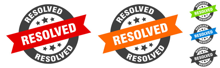 resolved stamp. resolved round ribbon sticker. tag