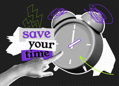 Save your time halftone collage poster with alarm clock and hand. Trendy retro style for banners and promotions. Deadline and time management concept. Contemporary vector pop art