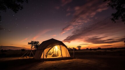 Fototapeta na wymiar Serenade of stars Tent set up under the night sky, embracing tranquility.