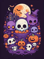 Cute Halloween T-shirt Design, Pastel Halloween Creatures, Kawaii Halloween T-shirt Design