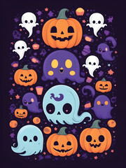 Cute Halloween T-shirt Design, Pastel Halloween Creatures, Kawaii Halloween T-shirt Design