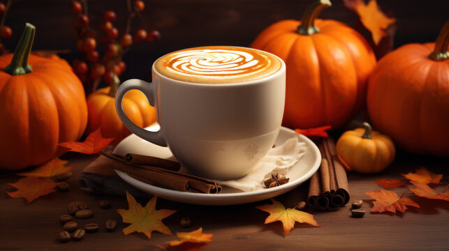 Cozy pumplin spice latte, pumpkins, autumn leaves, cinnamon on the background. Cozy autumn athmosphere.