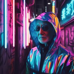 An elderly gray-haired Japanese old man in a futuristic jacket with a hood with multi-colored neon lights against blurred panorama of cyberpunk city street. Stylish futuristic street photography.