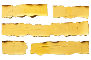 Close up sticky tape or strips of ripped yellow textured , Masking Tape isolated  on transparent background