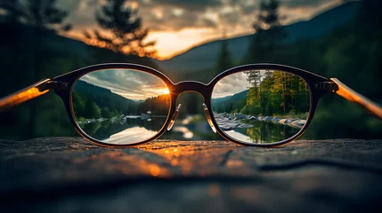 Fotobehang View through eyeglasses reveals the sharp clarity and vibrant beauty of an sunset in the forest © Sunshine Design