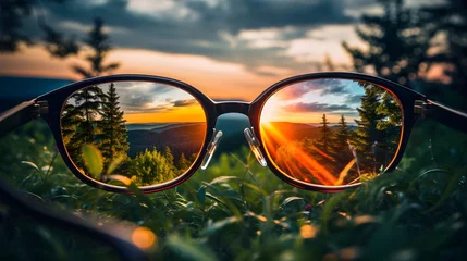 Fotobehang View through eyeglasses reveals the sharp clarity and vibrant beauty of a sunrise in nature © Sunshine Design