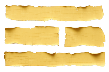 Close up sticky tape or strips of ripped yellow textured , Masking Tape isolated  on transparent background