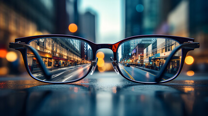 View through eyeglasses reveals the sharp clarity and vibrant beauty of an urban cityscape - obrazy, fototapety, plakaty