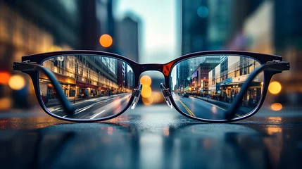 Foto op Plexiglas View through eyeglasses reveals the sharp clarity and vibrant beauty of an urban cityscape © Sunshine Design