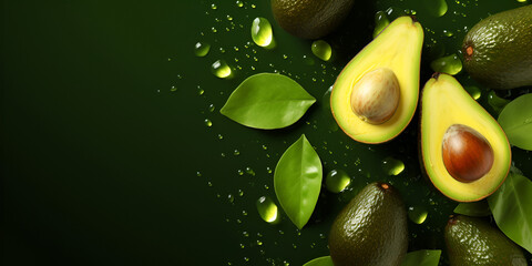 Fresh green avocado with water drops, healthy fats food concept background