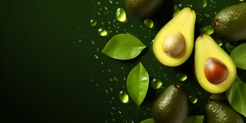 Tuinposter Fresh green avocado with water drops, healthy fats food concept background © TatjanaMeininger