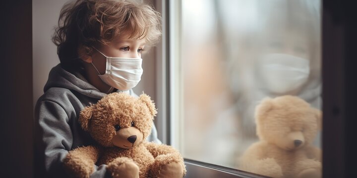A child in a mask near the window with a teddy bear