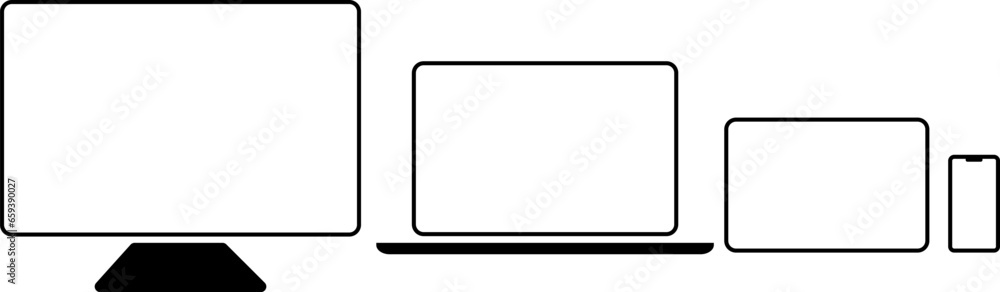 Poster mockups of devices on transparent background. vector set of phone, tablet, laptop and computer. empt