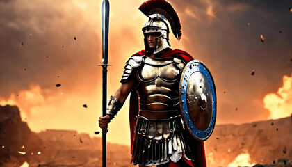 Roman male legionary (legionaries) wear helmet with crest, gladius spear and a scutum shield, heavy infantryman, realistic soldier of the army of the Roman Empire, on Rome background. Generative ai