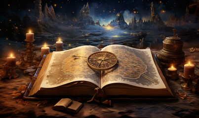 An open magic compass book which is surrounded by candles creating a winter fairy tale scene. A fairyland of wishes. digital AI - obrazy, fototapety, plakaty