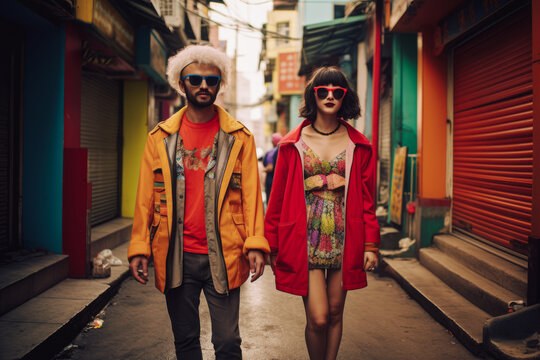 Two couples in retro style or hippie clothes are walking down the street. Vivid color background with two young fashionable people.