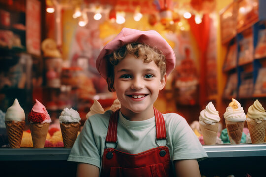 Portrait of small cute young boy owner of a pastry shop. Smiling face welcoming new customers. Colorful happy and positive scene.