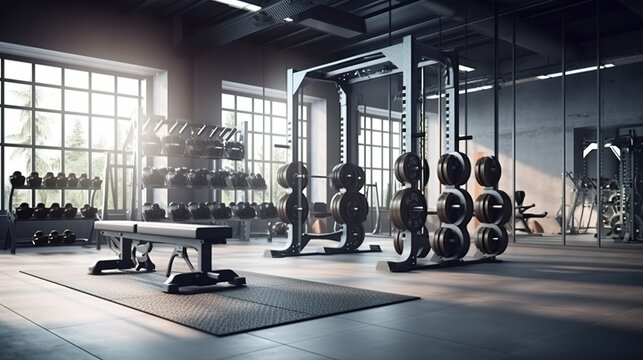 Modern light gym. Sports equipment in gym. Barbells of different weight on rack