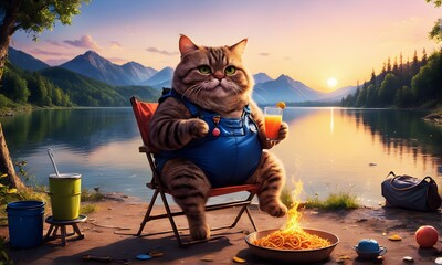 Adorable fat Cat sitting on a camping chair with a glass of juce eating spaghetti (JPG 300Dpi 12000x7200)