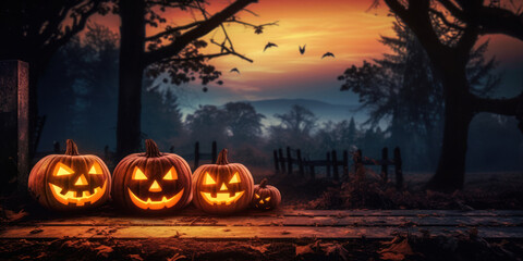 Glowing Jack-o’-lanterns in the Dark Woods: An unsettling scene of illuminated pumpkins on a mysterious, creepy evening, embodying the spirit of Halloween.