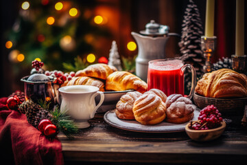 A close-up of a beautifully arranged Christmas breakfast table. Generated AI - obrazy, fototapety, plakaty