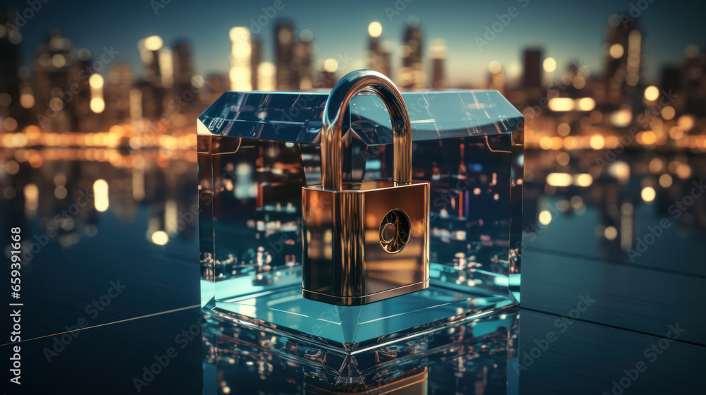 Poster cyber security concept with padlock and city background 3d rendering