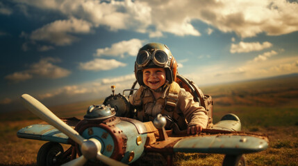 Little boy in a pilot's helmet on a background of the sky. Vintage effect. - obrazy, fototapety, plakaty
