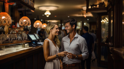 Couple looking at each other in a bar counter in a pub. - obrazy, fototapety, plakaty
