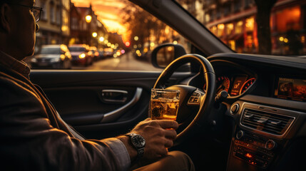 Drunk man driving a car with a glass of beer in his hand.