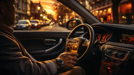 Poster Drunk man driving a car with a glass of beer in his hand. © AS Photo Family