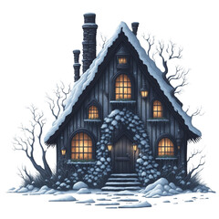 fairy tale house in winter covered with snow graphic for christmas or winter