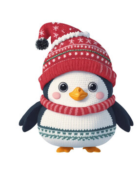 Christmas penguin in a red winter hat on a white background