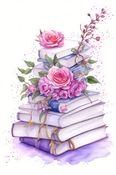  purple watercolor book and flowers on white background
