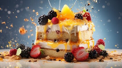 Photographed in a studio, a sponge cake with a honey splash on top and flying fruits and nuts. - obrazy, fototapety, plakaty