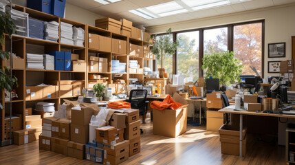 Many boxes in the office of a small business. Workplace mess. - obrazy, fototapety, plakaty