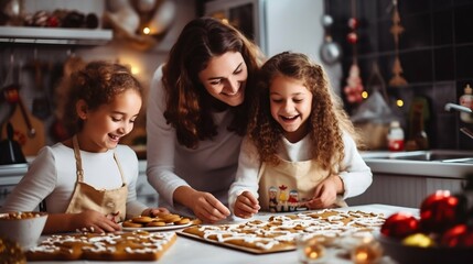 Mother and Daughter Baking Christmas Cookies Together. Generative ai