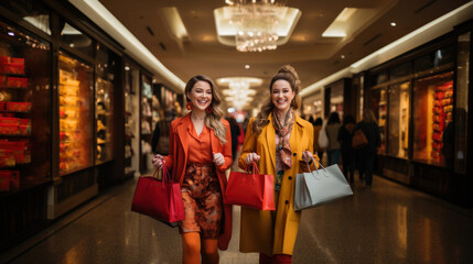 Two beautiful women shopping in the mall, holding paper bags and smiling.