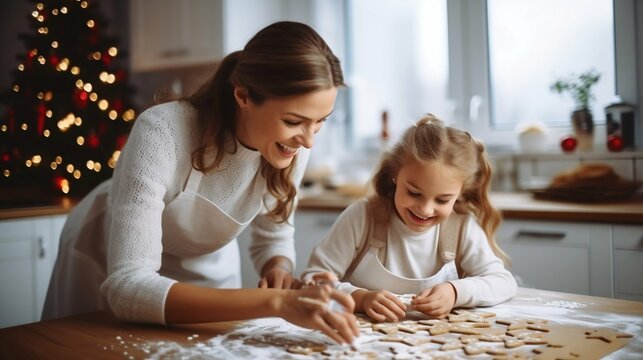 Mother And Daughter Baking Christmas Cookies Together. Generative Ai