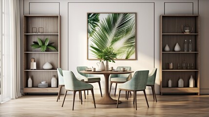 Stylish dining room interior design with design table, modern chairs, decoration, tropical leaf in vase, fruits, bookcase, abstract mock up paintings, and beautiful home decor accessories.
