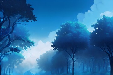 Imagine a blue gradient background that evokes a sense of tranquility and calmness, with soft wispy clouds floating in the sky and a gentle breeze rustling through the trees.