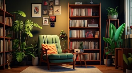 Stylish living room interior design with beautiful wooden shelf, numerous plants, posters, books, and personal items in antique home decor.